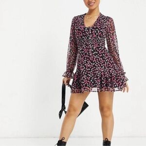 Topshop PETITE Black and Pink Floral Ruffle Dress